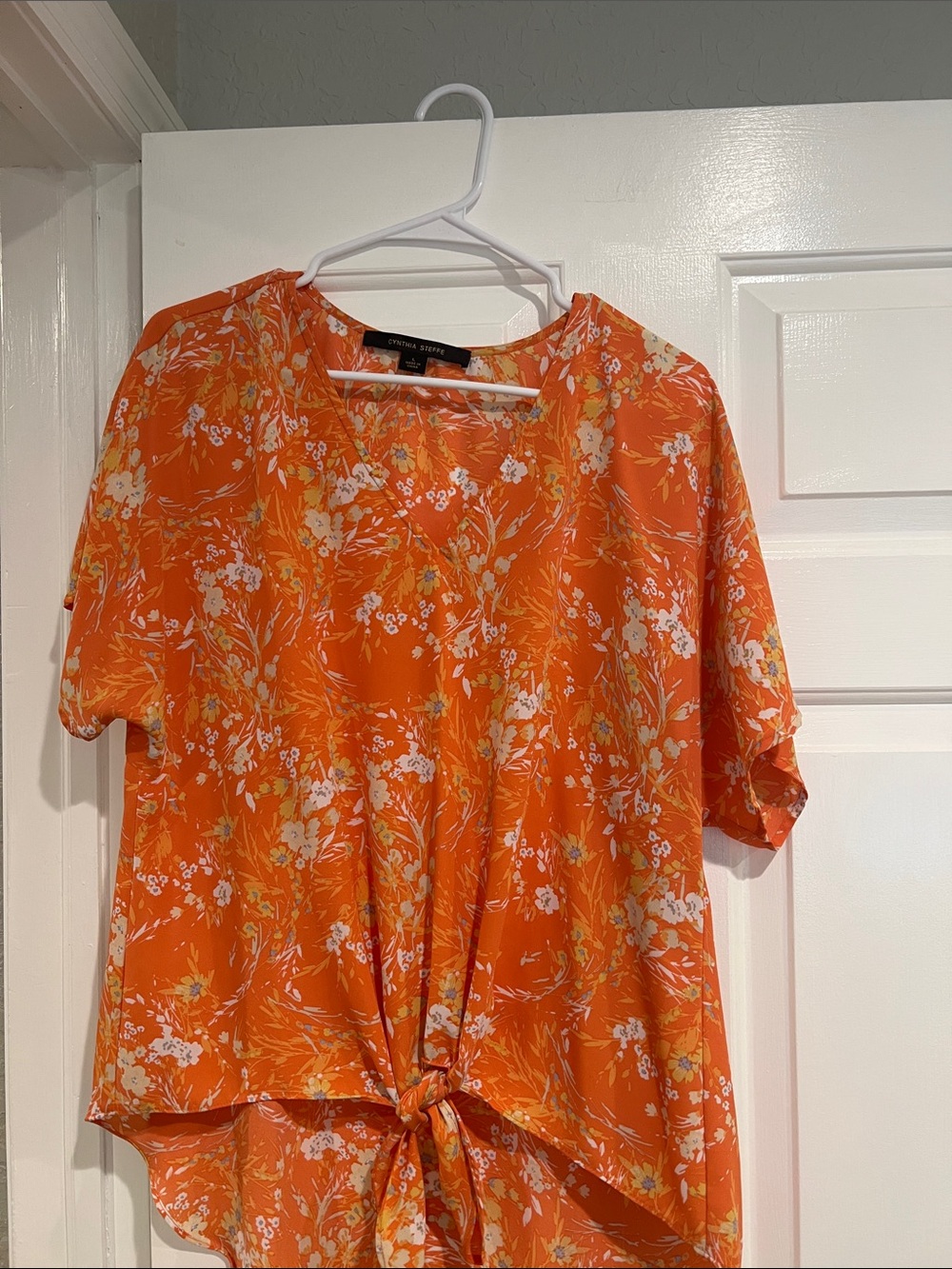 Cynthia Steffe Orange Floral Tie-Front Blouse